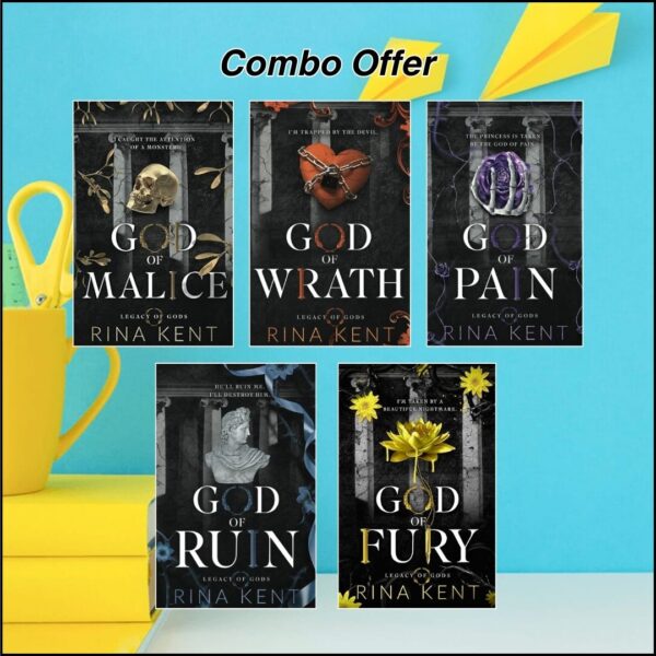 5 book Combo by Rina Kent God of Malice: A Dark College Romance (Legacy of Gods Book 1) God of Pain: A Grumpy Sunshine College Romance (Legacy of Gods Book 2) God of Wrath: A Dark Enemies to Lovers Romance (Legacy of Gods Book 3) God of Ruin: A Dark College Romance (Legacy of Gods Book 4) God of Fury: A Dark MM College Romance (Legacy of Gods Book 5)